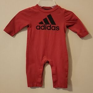 ADIDAS RED LONG-SLEEVE ROMPER, SIZE 9 MONTHS